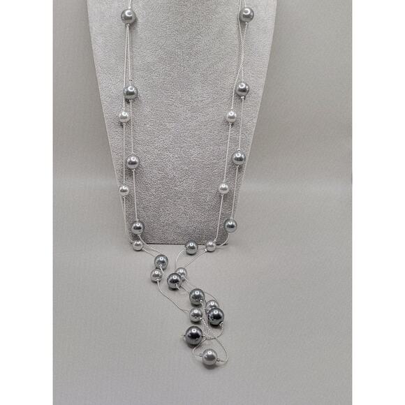 Modern Silver Tone 38 Inch Necklace with Gray Faux Pearls 10mm Beads - Picture 1 of 7